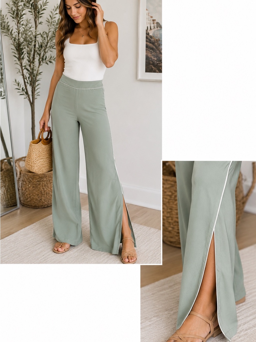 Jason Wu Sage Green Wide-Leg Split Hem Pants